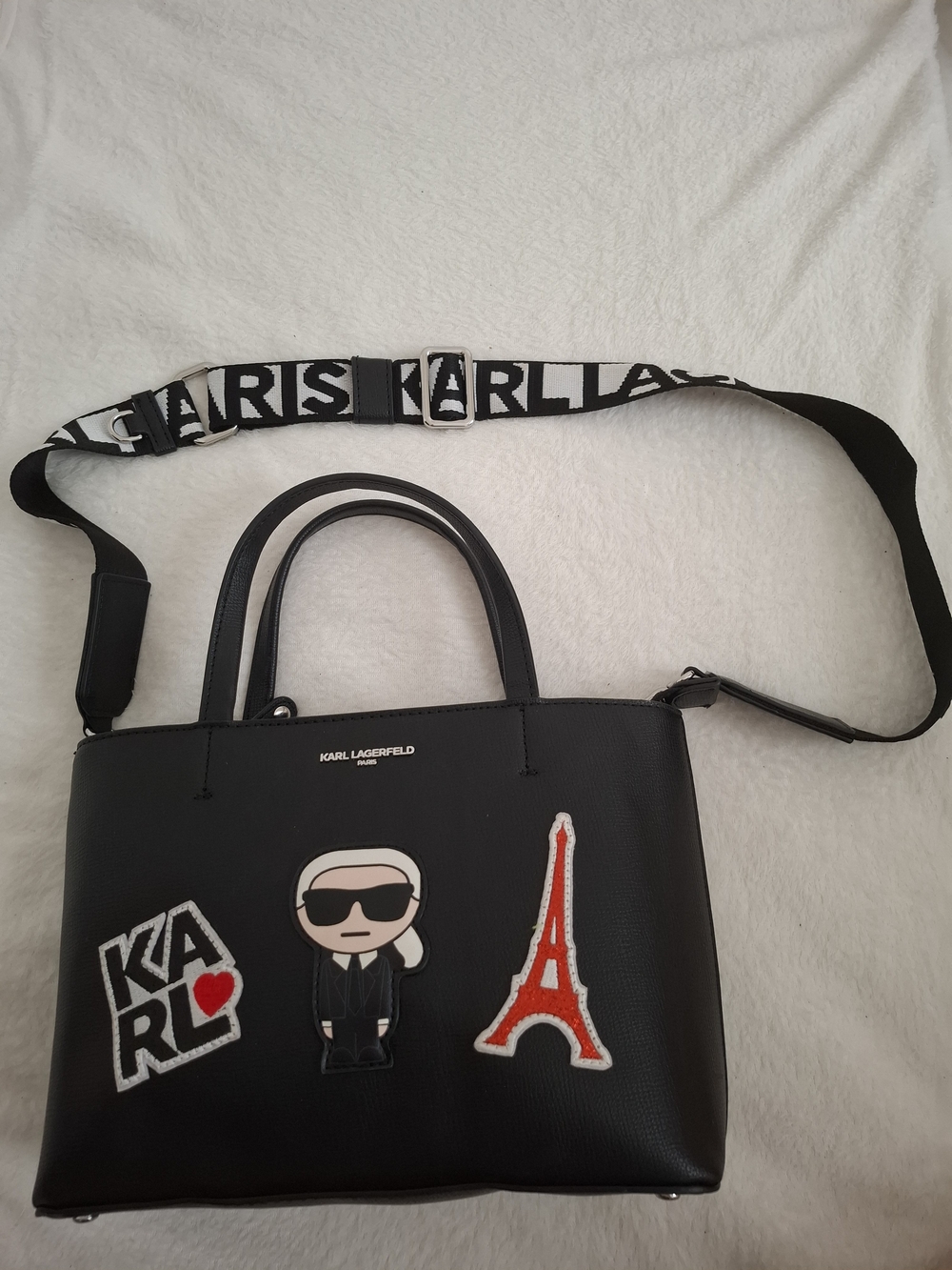 Karl Lagerfeld Black Patch-Accent Messenger Tote with Logo Strap